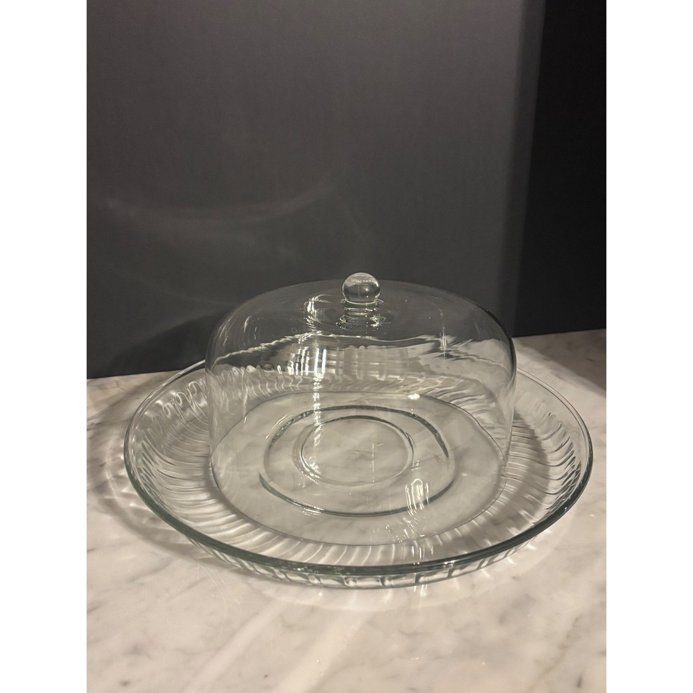Vintage Clear Glass Ribbed Cake Stand with Dome Lid 12 Inch Serving Platter